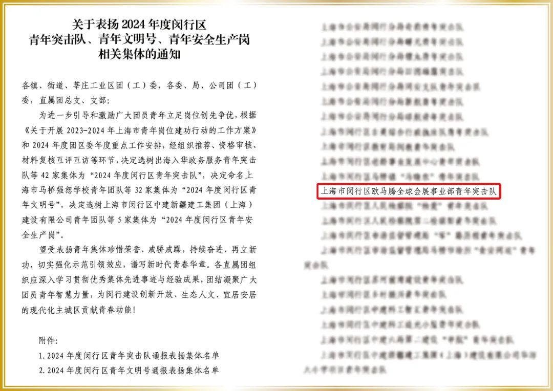 欧马腾全球会展事业部荣获“2024年度闵行区青年突击队”荣誉称号(图1)